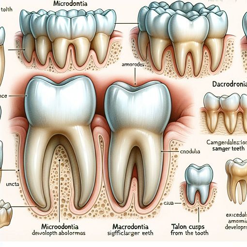 A detailed illustration showing various tooth development abnormalities like microdontia, macrodontia, and talon cusps, in an educational style, suitable for a dental or medical context.