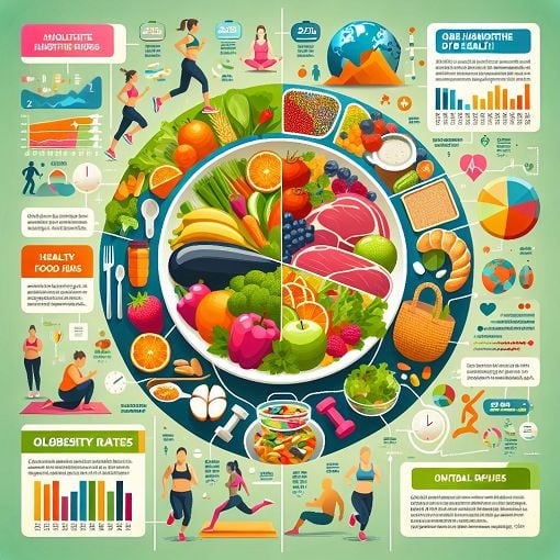 A colorful infographic illustrating the effects of obesity on health, featuring healthy foods, exercise, and statistics on obesity rates globally.