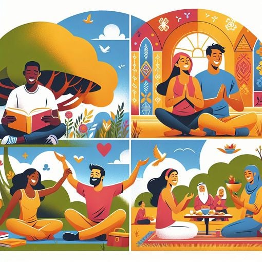 A colorful, vibrant illustration showing a diverse group of people bonding over various activities, such as reading, exercising, and sharing a meal, in a bright outdoor setting.