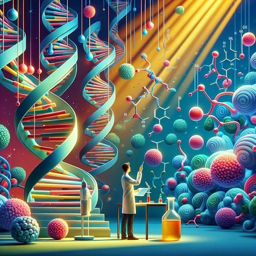 A colorful illustration of DNA and RNA structures with nucleotide components, symbolizing genetic information and molecular biology.