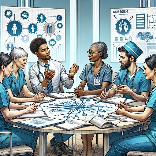 A detailed illustration of a nursing shared governance meeting, featuring diverse nursing professionals actively discussing ideas and strategies, with visual elements representing collaboration and communication.