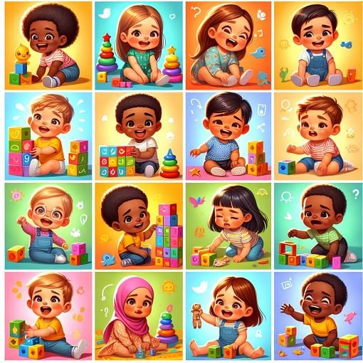 A colorful illustration of children aged 1-3 years playing and learning, depicting various developmental activities like walking, playing with blocks, and expressing emotions.