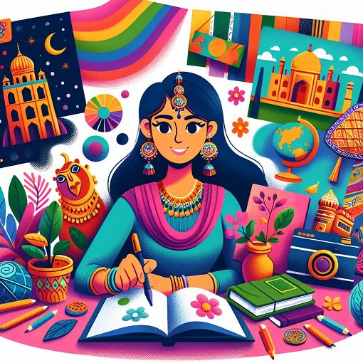 A vibrant and whimsical illustration depicting a young woman surrounded by symbols of her interests, such as a favorite color palette, books, and travel destinations, in a colorful and playful style.