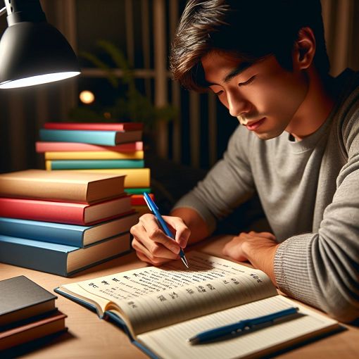 A bright and engaging image of a person studying with a variety of colorful books and a notepad filled with vocabulary words and definitions, in a cozy study environment.
