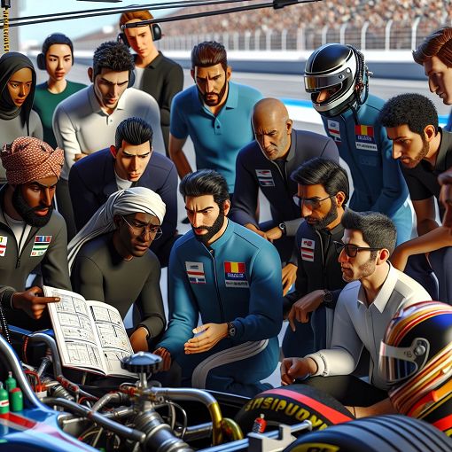 Create an image of a racing car pit stop with team members discussing technical specifications and reviewing a rulebook, in a dynamic and engaging atmosphere.