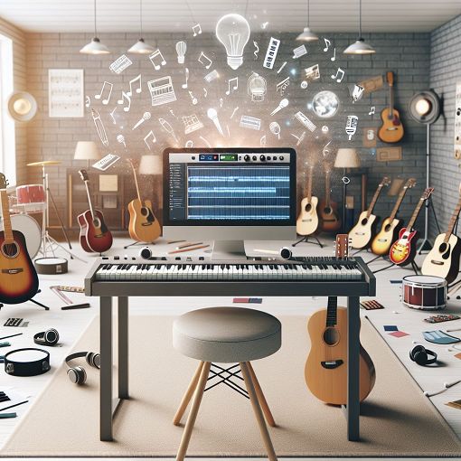 A vibrant classroom setting with a computer displaying Pro Tools software, surrounded by musical instruments and audio equipment, showcasing an engaging learning environment.