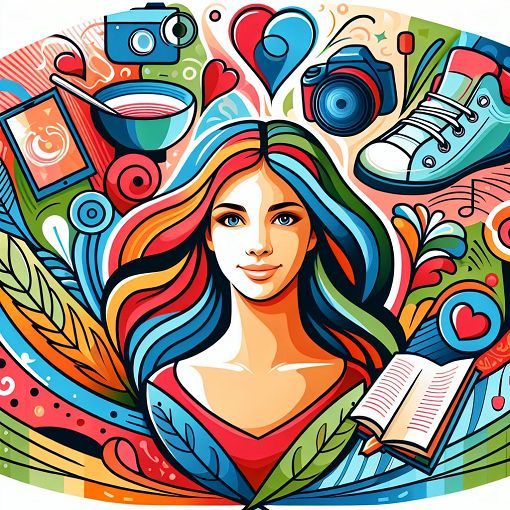 A colorful and engaging illustration of a young woman surrounded by symbols of her favorite things: a camera, dance shoes, and an open book, with vibrant colors representing her favorite foods and places.