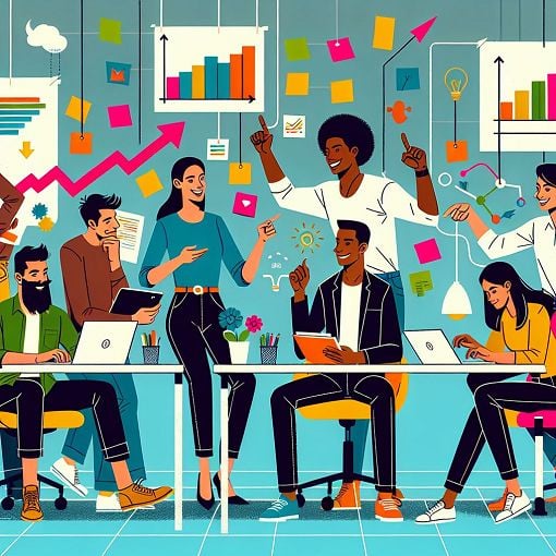 A vibrant, engaging illustration of a group of diverse people in a modern office setting, brainstorming ideas and collaborating on projects, with elements representing growth, teamwork, and creativity.