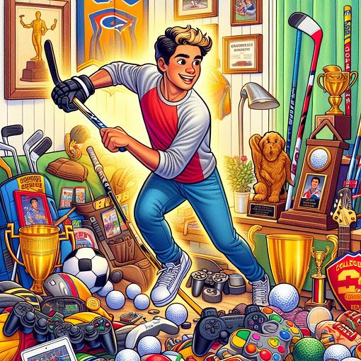 A vibrant and engaging illustration of a young man playing hockey, surrounded by various memorabilia showcasing his interests and achievements, with elements like golf clubs, video game controllers, and college-themed decorations.