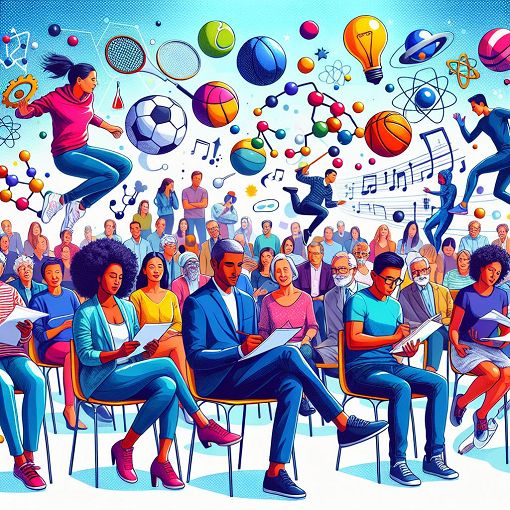 A colorful, engaging illustration of a diverse group of people taking a quiz, with symbols representing different quiz topics like sports, science, and music in a lively environment.