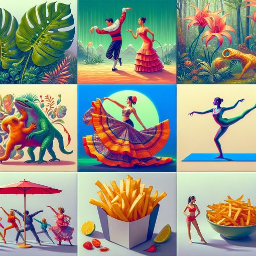 A colorful and vibrant collage of plants like Monstera, a dancer in traditional attire performing a Flamenco, yoga poses in a serene setting, crispy fries, iconic Doctor Who monsters, and famous authors with their notable works in the background.