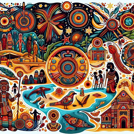 A vibrant and colorful illustration depicting the Aboriginal communities of Australia, highlighting language, culture, and significant landmarks.