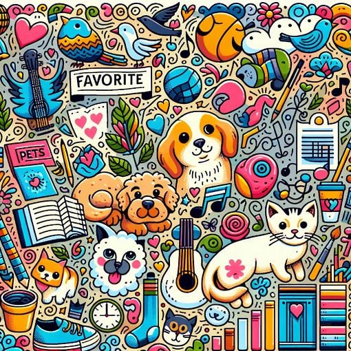 A colorful and engaging illustration featuring various personal interests such as favorite colors, pets, music, and hobbies, with a background of playful patterns.