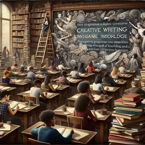 Create an artistic image of a classroom setting where students are engaged in creative writing, with stacks of books around them and a chalkboard displaying writing prompts.