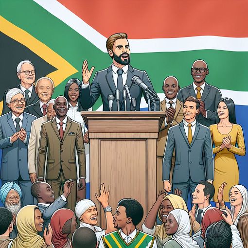 Create an image of Nelson Mandela giving a speech at a podium, surrounded by a diverse group of people celebrating freedom and equality, with a backdrop of the South African flag.