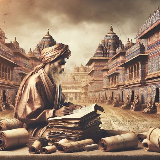 Create an image of an ancient Indian scholar writing manuscripts, surrounded by scrolls and books, with a backdrop of a historical Indian city like Pataliputra, infused with elements of wisdom and strategy.