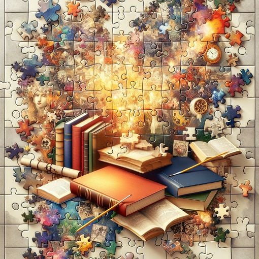 A vibrant and artistic representation combining jigsaw pieces, books, and illustrations that reflect various artistic styles and reading themes.