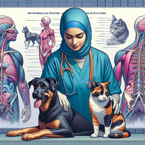 A detailed illustration of a veterinarian examining a dog and cat, with anatomical diagrams of neuromuscular systems in the background, vibrant colors, educational style.