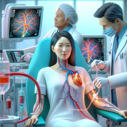 Create an informative and visually engaging illustration of angiography, depicting a patient undergoing a procedure with medical professionals, showing blood vessels highlighted and a focus on a catheter and stent.