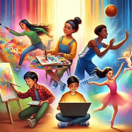 A vibrant, colorful illustration of a diverse group of young people engaging in various activities such as painting, coding, dancing, and playing sports, set against a cheerful background.