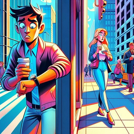 A cartoonish illustration depicting two characters: one anxiously checking their watch and rushing, while the other is casually strolling with a coffee cup, symbolizing the contrast between punctuality and tardiness.