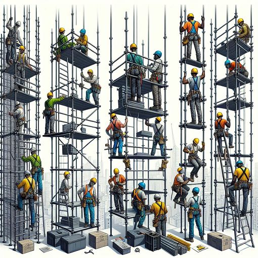 An illustration depicting various scaffolding and shoring elements, with workers safely using them in a construction setting.