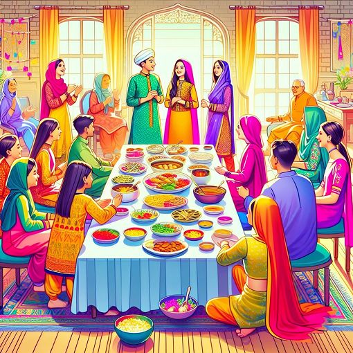 A colorful and vibrant illustration of a Desi family gathering, featuring traditional clothing, food spread, and lively conversations, depicted in a fun and engaging style.