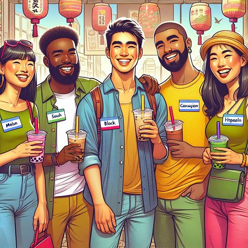 A colorful illustration showing diverse individuals celebrating friendship and inclusivity, with name tags and a boba tea shop in the background