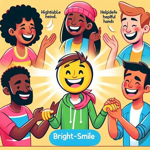 A fun and colorful illustration of a group of friends, highlighting one character named Ashlin with a bright smile, engaged in various activities like laughing, helping, and chatting together.