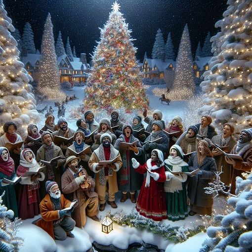 A festive winter scene featuring Christmas carolers in a snowy landscape, adorned with twinkling lights and a Christmas tree, capturing the joyful spirit of the holiday season.