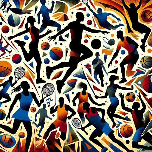 A vibrant collage of various sports including football, basketball, tennis, and a silhouette of athletes in action, bright colors and dynamic composition