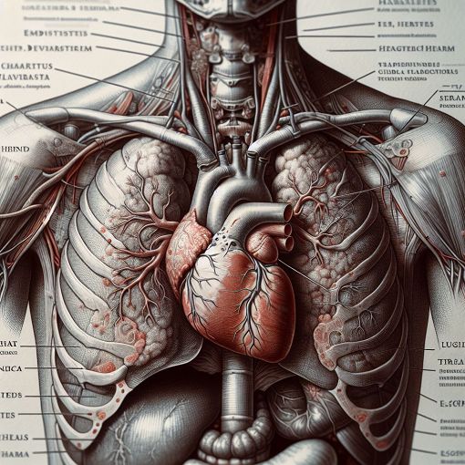 A detailed anatomical illustration of the mediastinum, highlighting the heart and surrounding tissues, with labels for various structures, in a medical style.