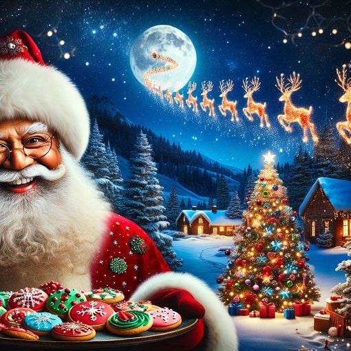 A cheerful, festive scene depicting various Christmas symbols such as Christmas trees, ornaments, decorated cookies, and Santa Claus, with a snowy background and warm lights.