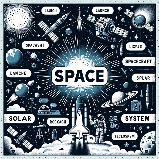 An educational illustration featuring space vocabulary, including terms like 'launch', 'spacecraft', and 'solar system', with a starry background and visual elements of space exploration.