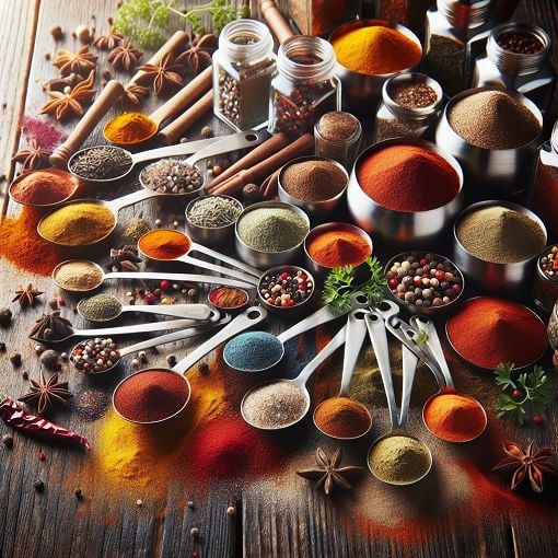 A vibrant array of colorful spices and herbs spread across a wooden table, with measuring spoons and small glass jars filled with spices, enhancing the theme of cooking and flavor.