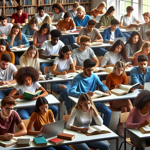 A vibrant classroom setting with students engaged in various study techniques, including group study sessions, individual reading, and technology use. The atmosphere should be dynamic and focused on learning, showcasing diversity in study methods and student engagement.