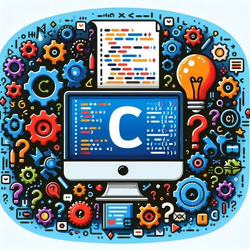 A colorful and engaging digital illustration of a computer with C programming code on the screen, surrounded by symbols of programming like gears, light bulbs, and question marks.