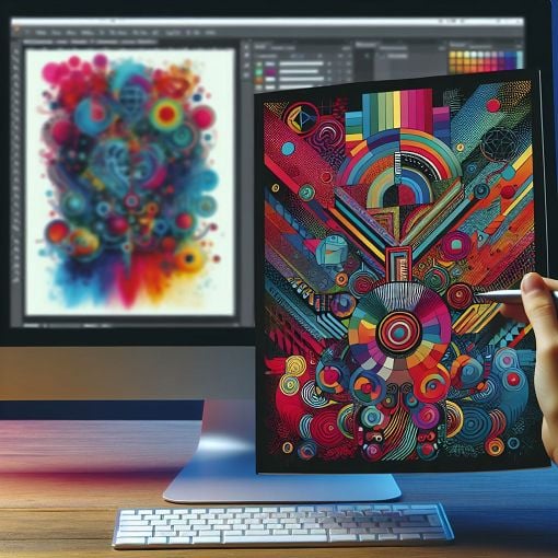 Create an engaging illustration of a magazine cover in front of a computer screen displaying Photoshop, bright colors, and design elements, to represent magazine design and digital art.