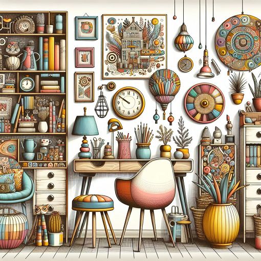 A whimsical illustration of a unique and colorful house interior with various furniture and decor options reflecting different styles and personalities.