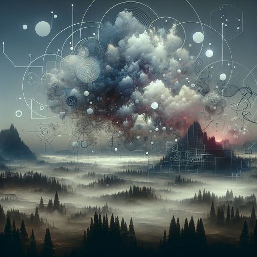 A surreal landscape representing dissociation and memory, with a foggy atmosphere and abstract shapes that evoke feelings of confusion and clarity.