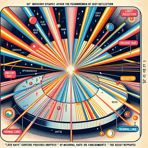 A bright and colorful diagram illustrating light reflection, showing incident rays striking a mirror, the reflected rays, and accompanying terms such as 'Incident Ray', 'Reflected Ray', 'Normal Line'.