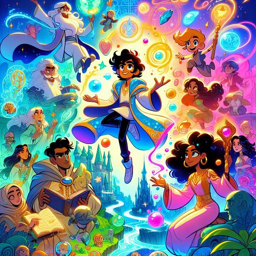 A vibrant, fantastical scene depicting diverse characters inspired by a mythical kingdom, showcasing their unique personalities and interactions, in a colorful, cartoonish style.