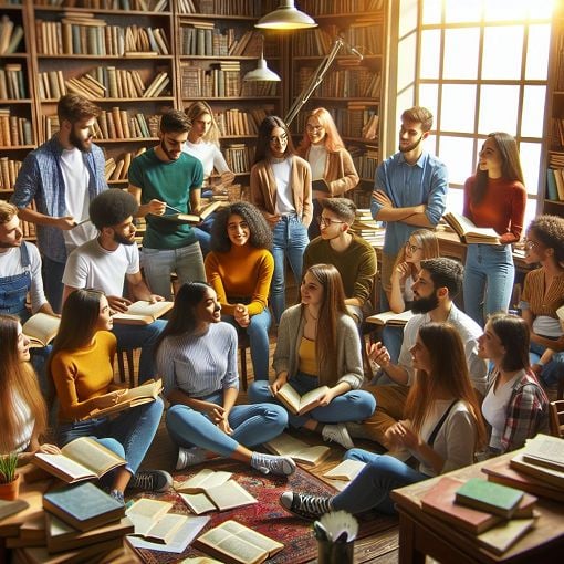 A vibrant classroom scene with students engaged in discussing literature, surrounded by books, papers, and warm lighting to evoke an inviting atmosphere.