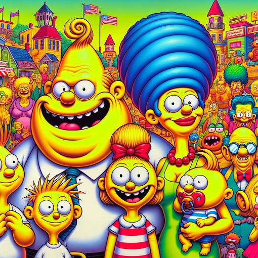 A colorful cartoon illustration featuring characters from The Simpsons in a fun, playful setting, with Springfield in the background.