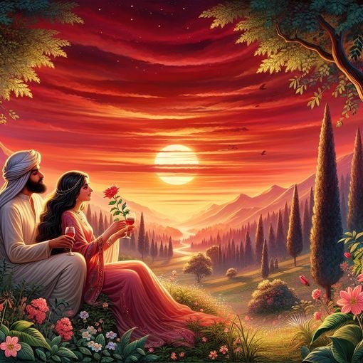 A romantic and serene landscape showing a couple enjoying a perfect date under a sunset, surrounded by nature, evoking feelings of love and connection.