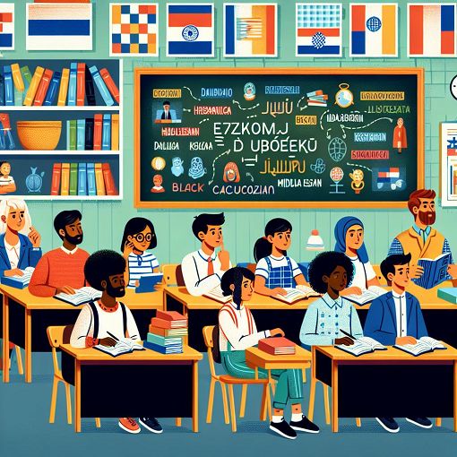 A vibrant and educational graphic depicting a classroom setting with students engaged in learning Croatian language concepts, surrounded by books, a blackboard, and colorful charts.