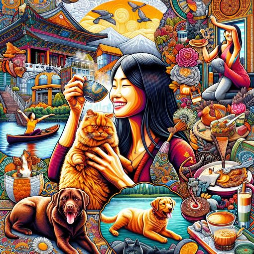 A colorful and engaging collage of favorite drinks, pets, and fun activities depicting a young woman enjoying her life, surrounded by vibrant colors and playful elements.