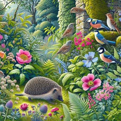 A vibrant illustration of British wildlife featuring animals like hedgehogs, birds, and plants in a lush garden setting.