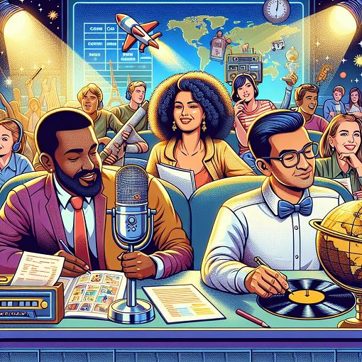 Create an engaging illustration of a fun quiz taking place, featuring a diverse group of people answering questions in a lively atmosphere, with elements representing different quiz categories like geography, pop culture, and science.