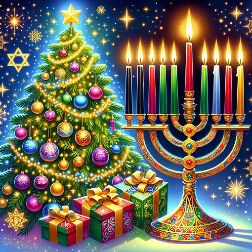 A festive illustration featuring Christmas, Hanukkah, and Kwanzaa symbols such as Christmas trees, menorahs, and Kwanzaa candles, creating a joyful atmosphere.